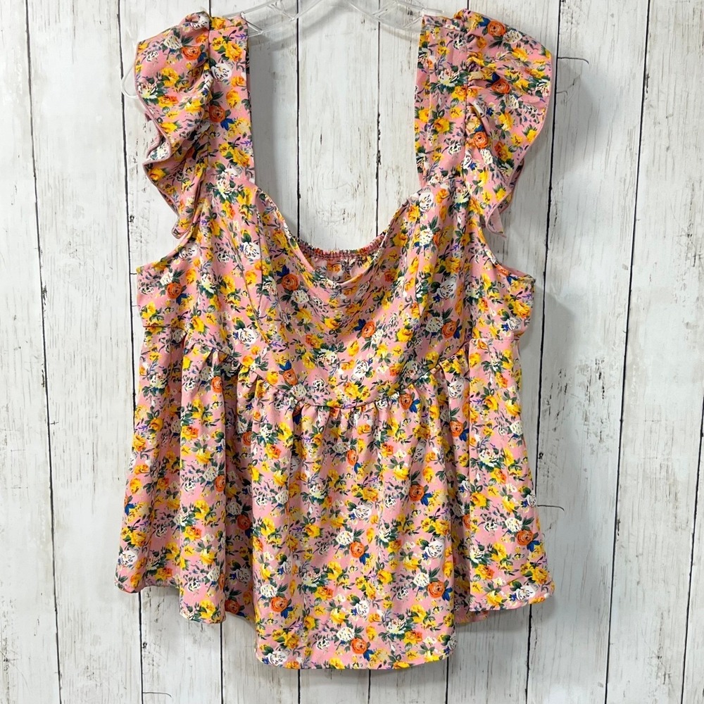 SHEIN Curve‎ Women's Floral Ruffle Babydoll Tank Top Pink Sleeveless Size 3XL
